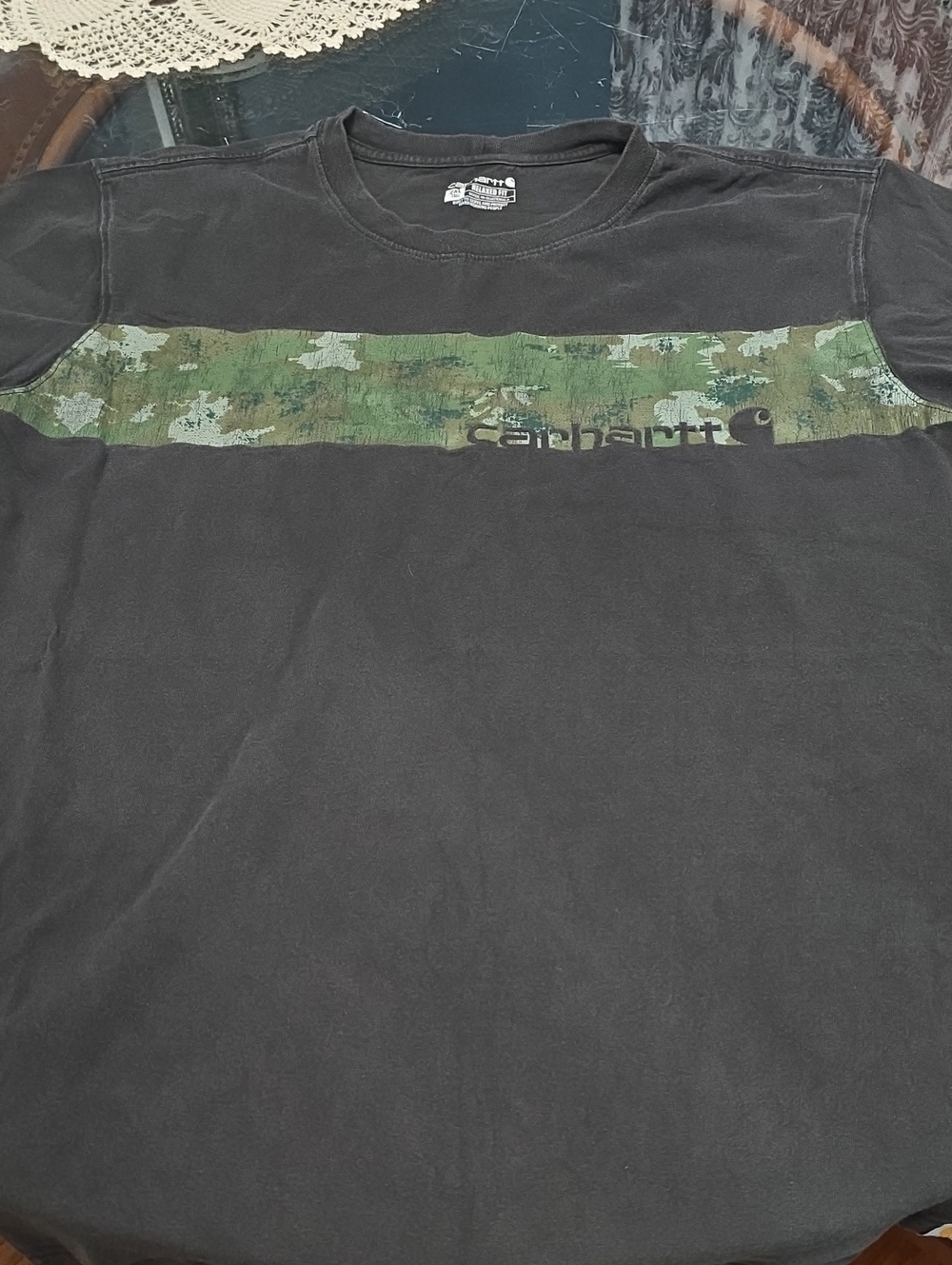 Carhartt Black Short-Sleeve Tee with Green Camouflage Chest Stripe